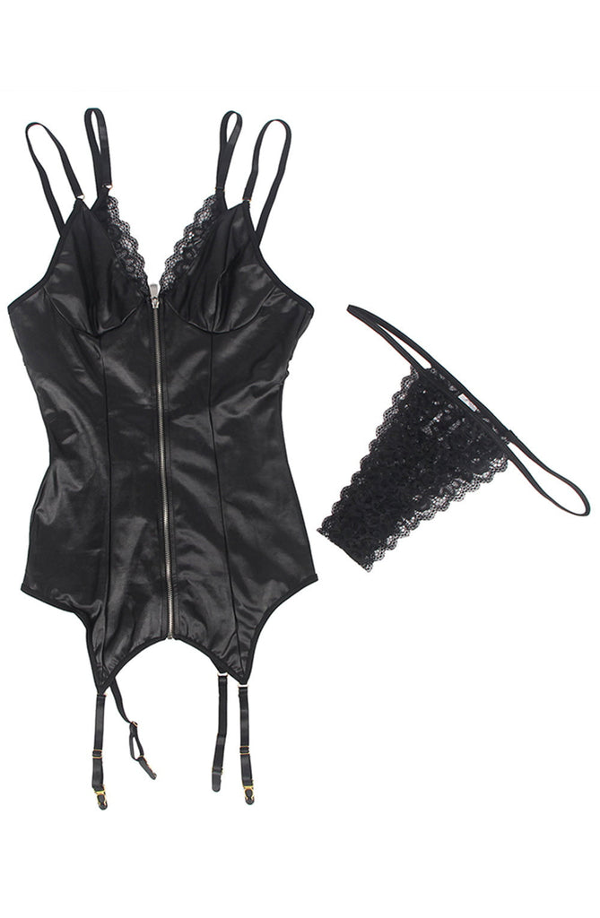 YesX YX842 Gartered Wet Look Babydoll Bodysuit Black - My Lingerie Obsession 