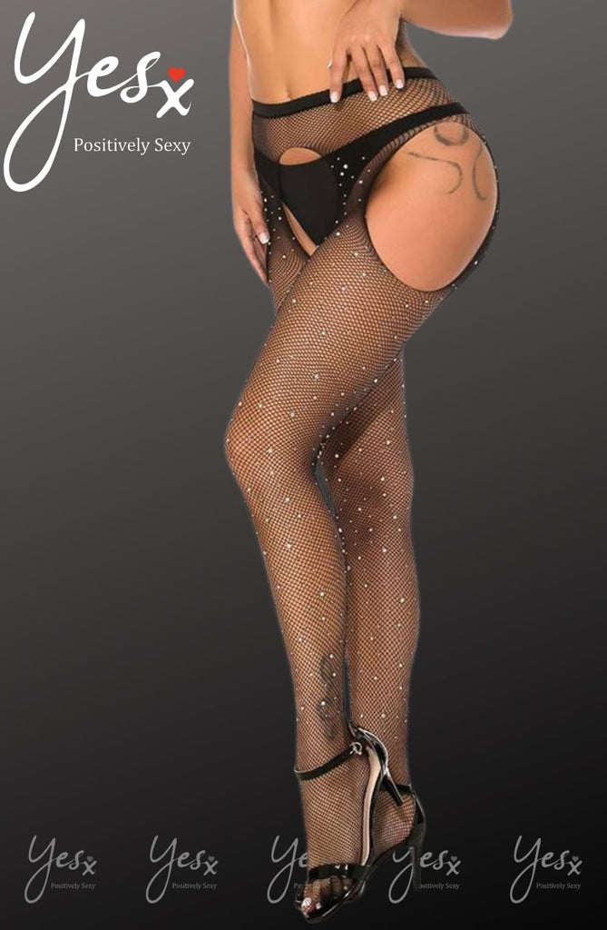 YesX YX850 Sparkly Black Fishnet Suspender Tights - My Lingerie Obsession 