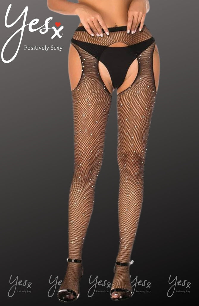 YesX YX850 Sparkly Black Fishnet Suspender Tights - My Lingerie Obsession 