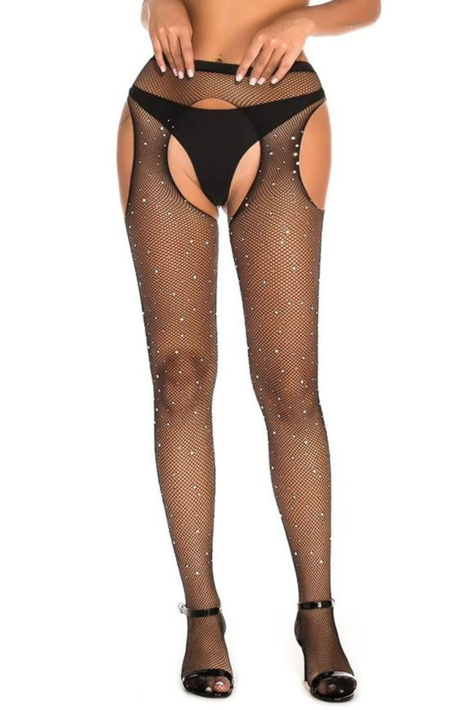 YesX YX850 Sparkly Black Fishnet Suspender Tights - My Lingerie Obsession 