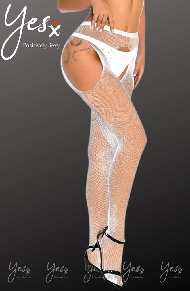 YesX YX851 Sparkly White Fishnet Suspender Tights - My Lingerie Obsession 