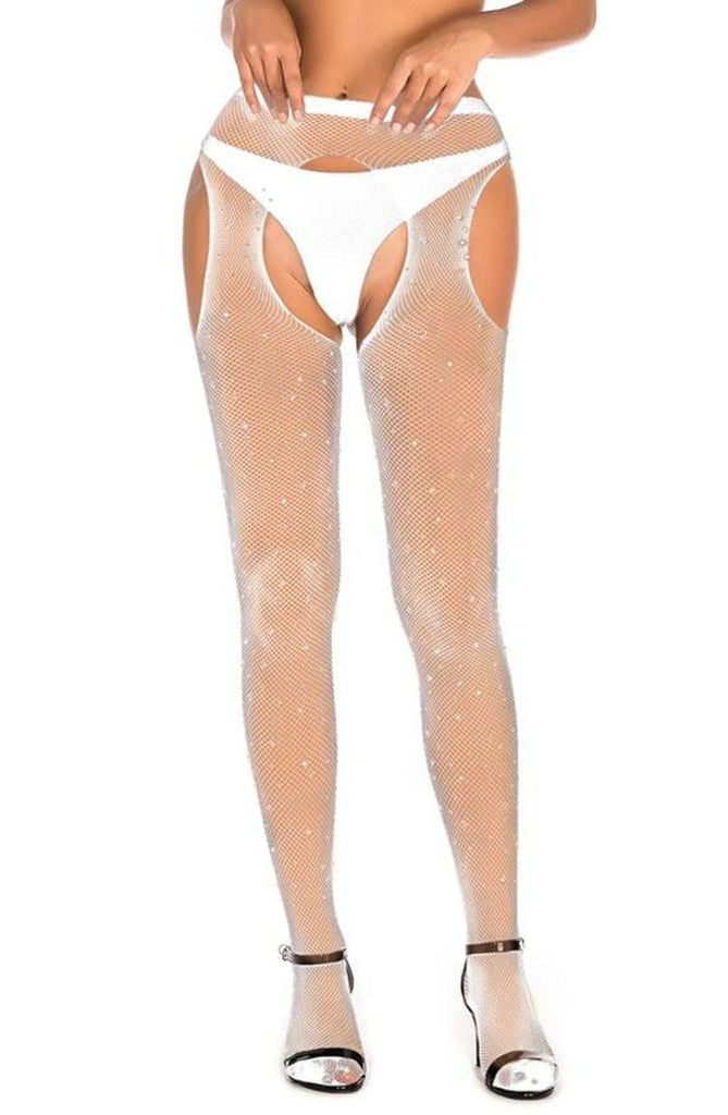 YesX YX851 Sparkly White Fishnet Suspender Tights - My Lingerie Obsession 