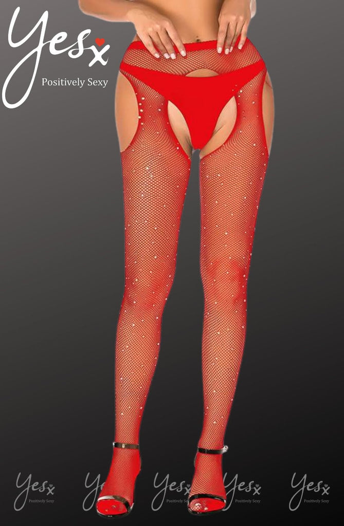 YesX YX852 Sparkly Red Fishnet Suspender Tights - My Lingerie Obsession 