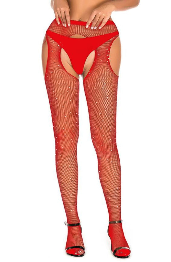 YesX YX852 Sparkly Red Fishnet Suspender Tights - My Lingerie Obsession 