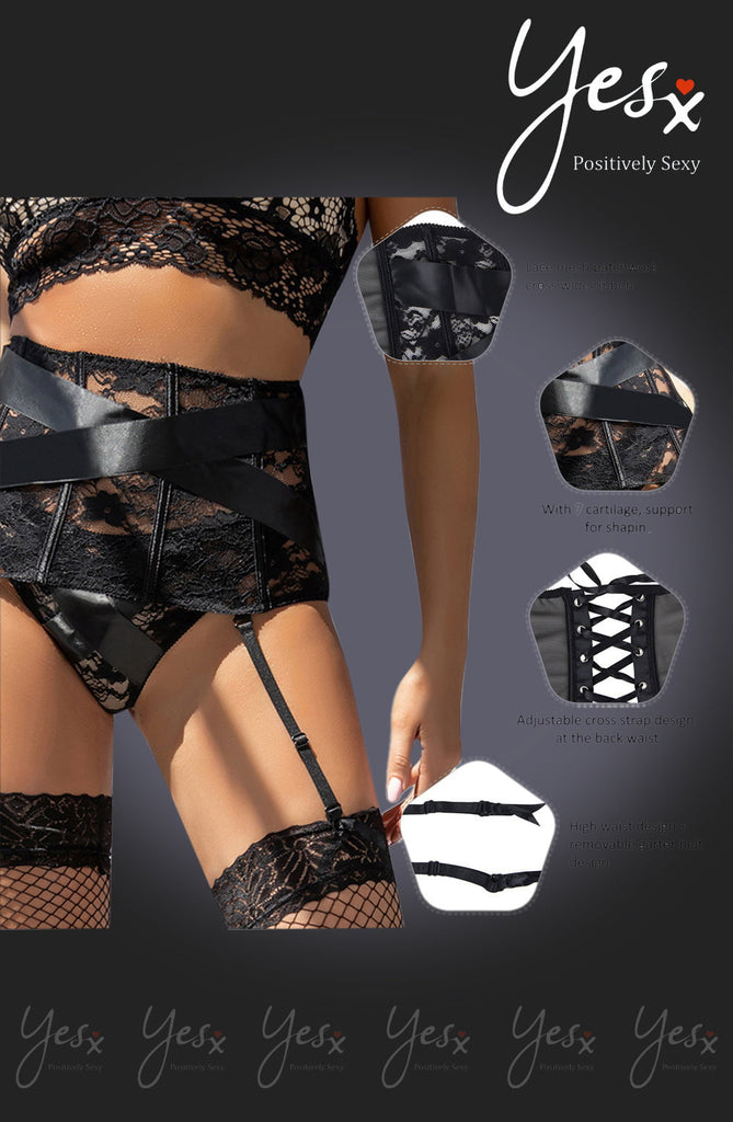 YesX YX984 Suspender Belt & Thong Set Black - My Lingerie Obsession 