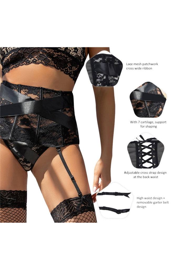 YesX YX984 Suspender Belt & Thong Set Black - My Lingerie Obsession 