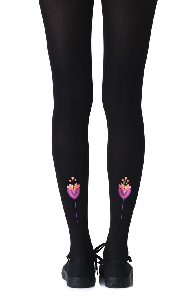 Zohara "Lotus Position" Black Print Tights - My Lingerie Obsession 