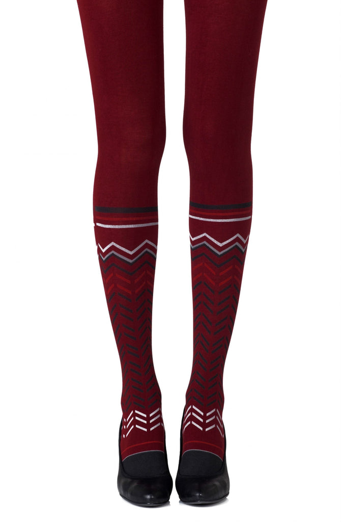 Zohara "Zig Zag Walk" Burgundy Print Tights - My Lingerie Obsession 